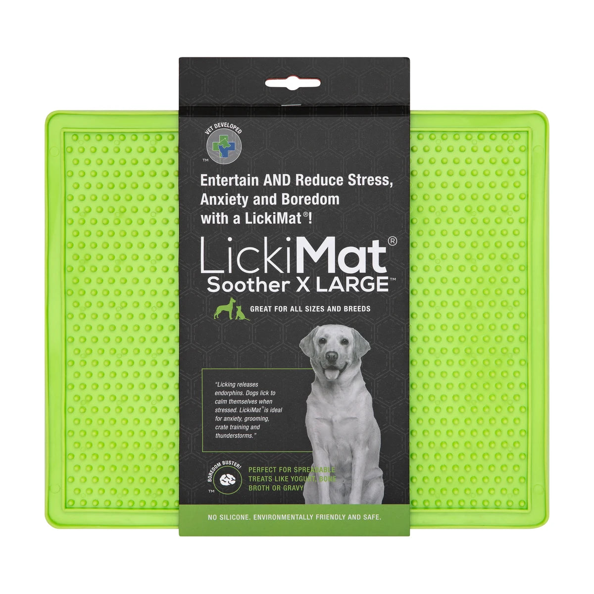 LickiMat Soother XL green lick mat slow feeder with retail packaging for dogs and cats