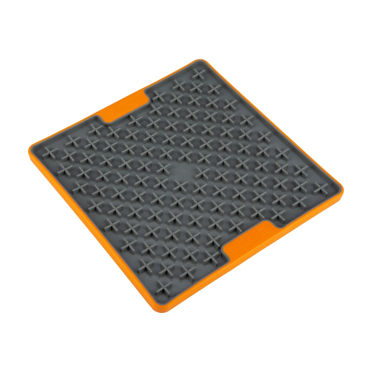 Angled view of the LickiMat TUFF Buddy  Orange lick mat showing the textured cross pattern for slow feeding