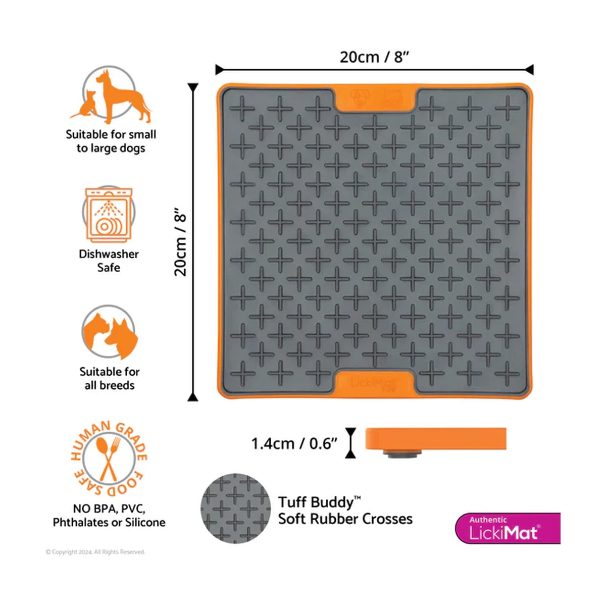 LickiMat TUFF Buddy dimensions infographic showing 20cm x 20cm size and 1.4cm thickness, dishwasher safe and pet safe materials