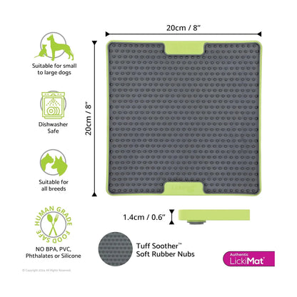 LickiMat TUFF Soother dog lick mat dimensions 20cm by 20cm thickness 1.4cm dishwasher safe and non slip