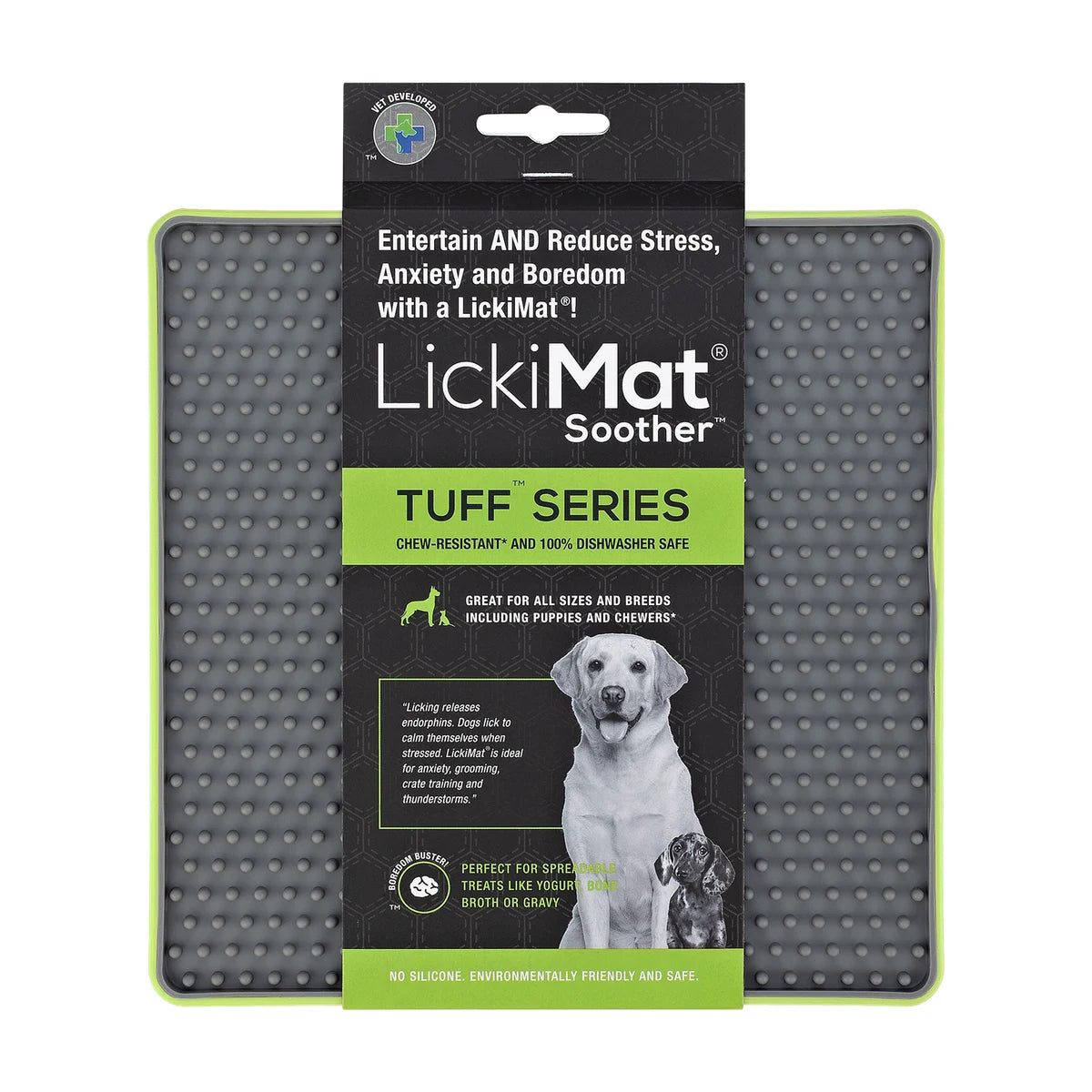 LickiMat TUFF Soother dog lick mat packaging showing chew resistant dishwasher safe and enrichment benefits