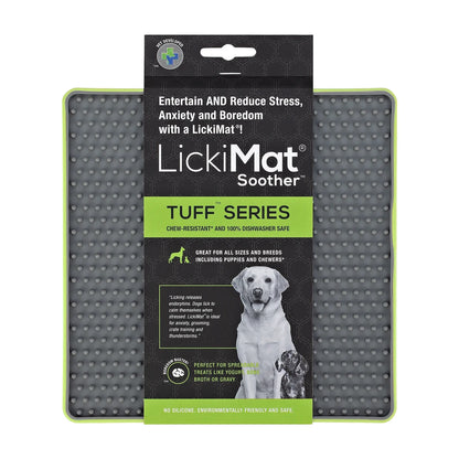 LickiMat TUFF Soother dog lick mat packaging showing chew resistant dishwasher safe and enrichment benefits