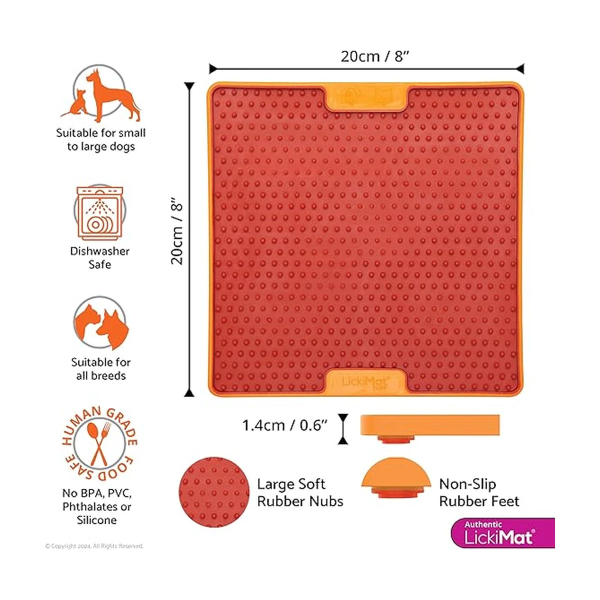 LickiMat TUFF Pro Soother size guide 20cm by 20cm with thickness and features