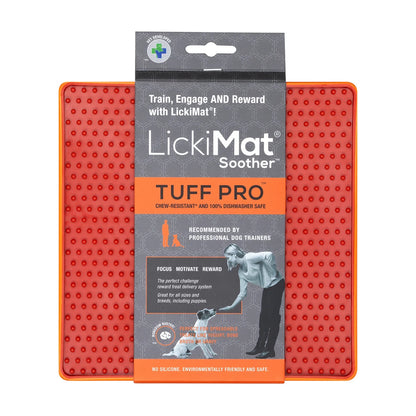 LickiMat TUFF Pro Soother packaging and product orange chew resistant lick mat for dogs