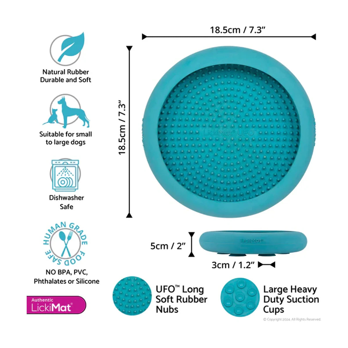 LickiMat UFO turquoise size guide showing dimensions and suction cup base for dogs