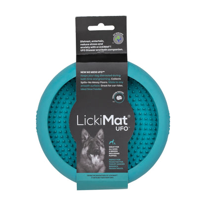 LickiMat UFO turquoise packaging front view slow feeder and bath time distractor for dogs