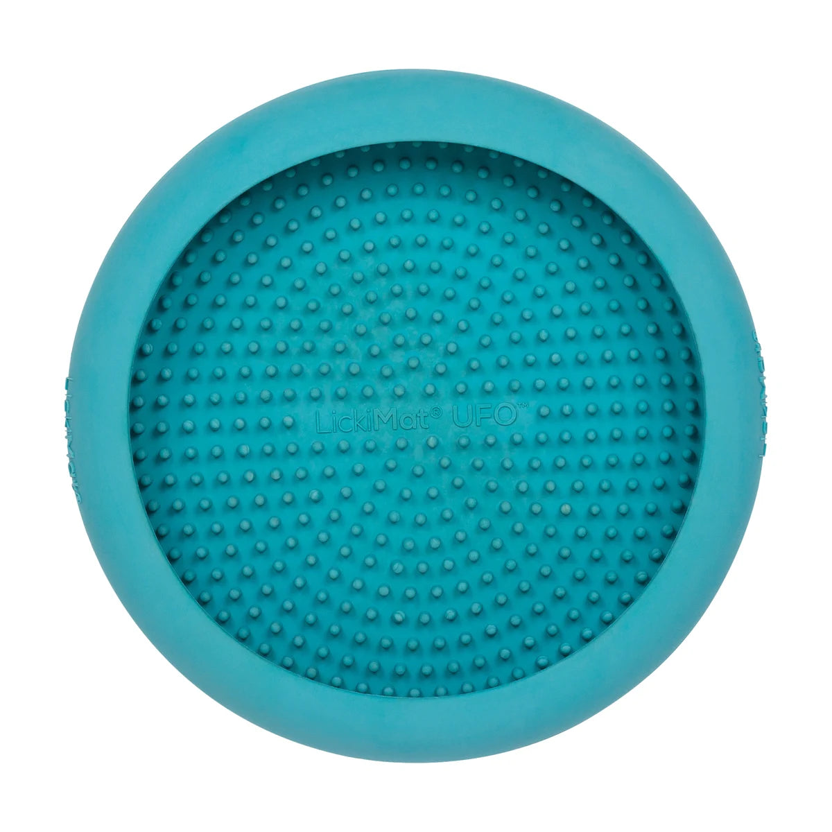 LickiMat UFO turquoise top view showing soothing licking nubs for dogs