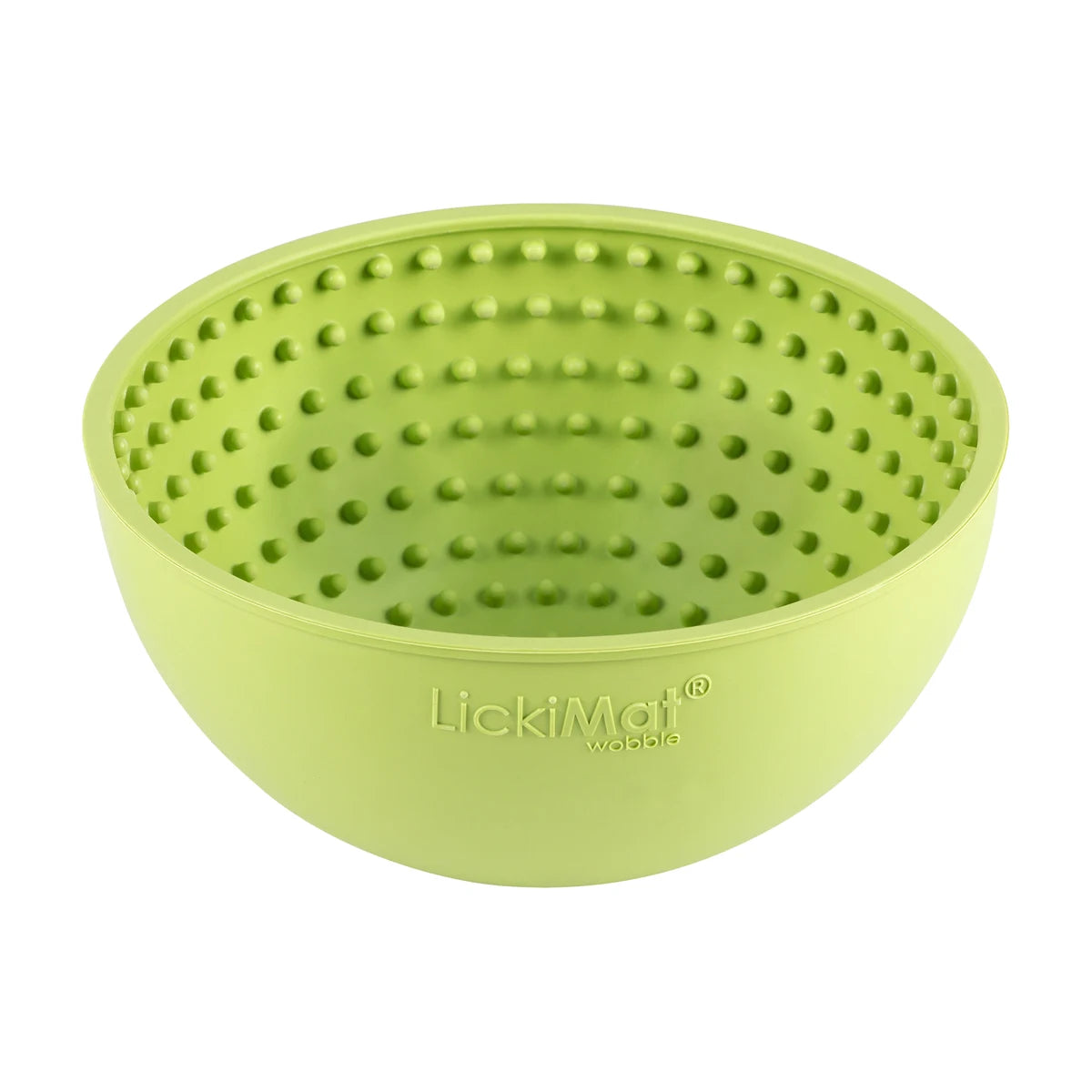Side profile of green LickiMat Wobble slow feeder bowl for dogs
