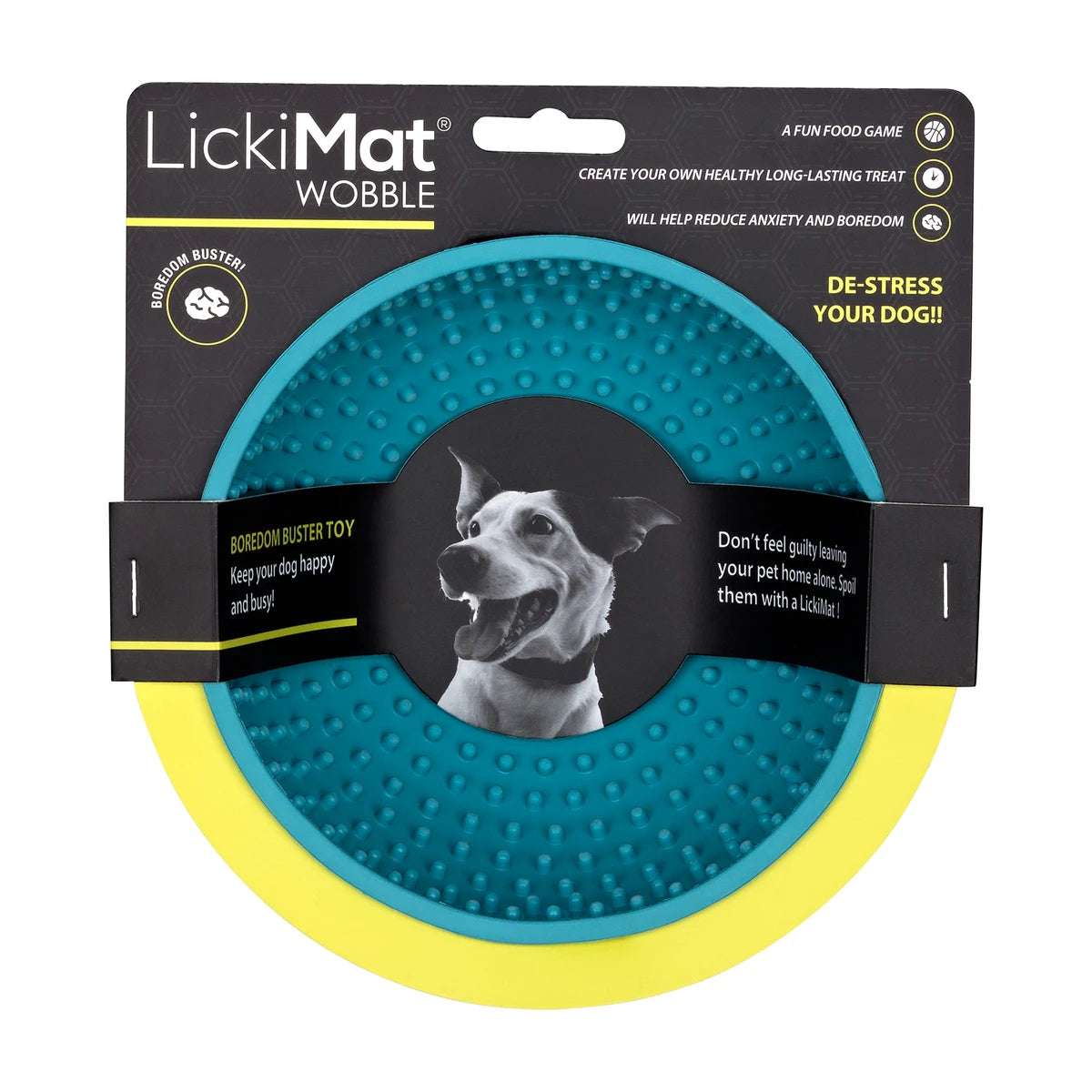 LickiMat Wobble packaging with turquoise slow feeder bowl for dogs