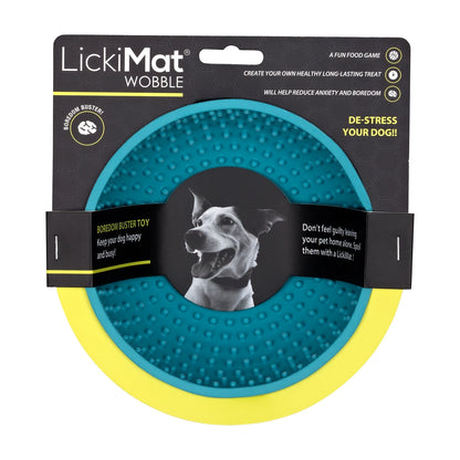 LickiMat Wobble packaging with turquoise slow feeder bowl for dogs