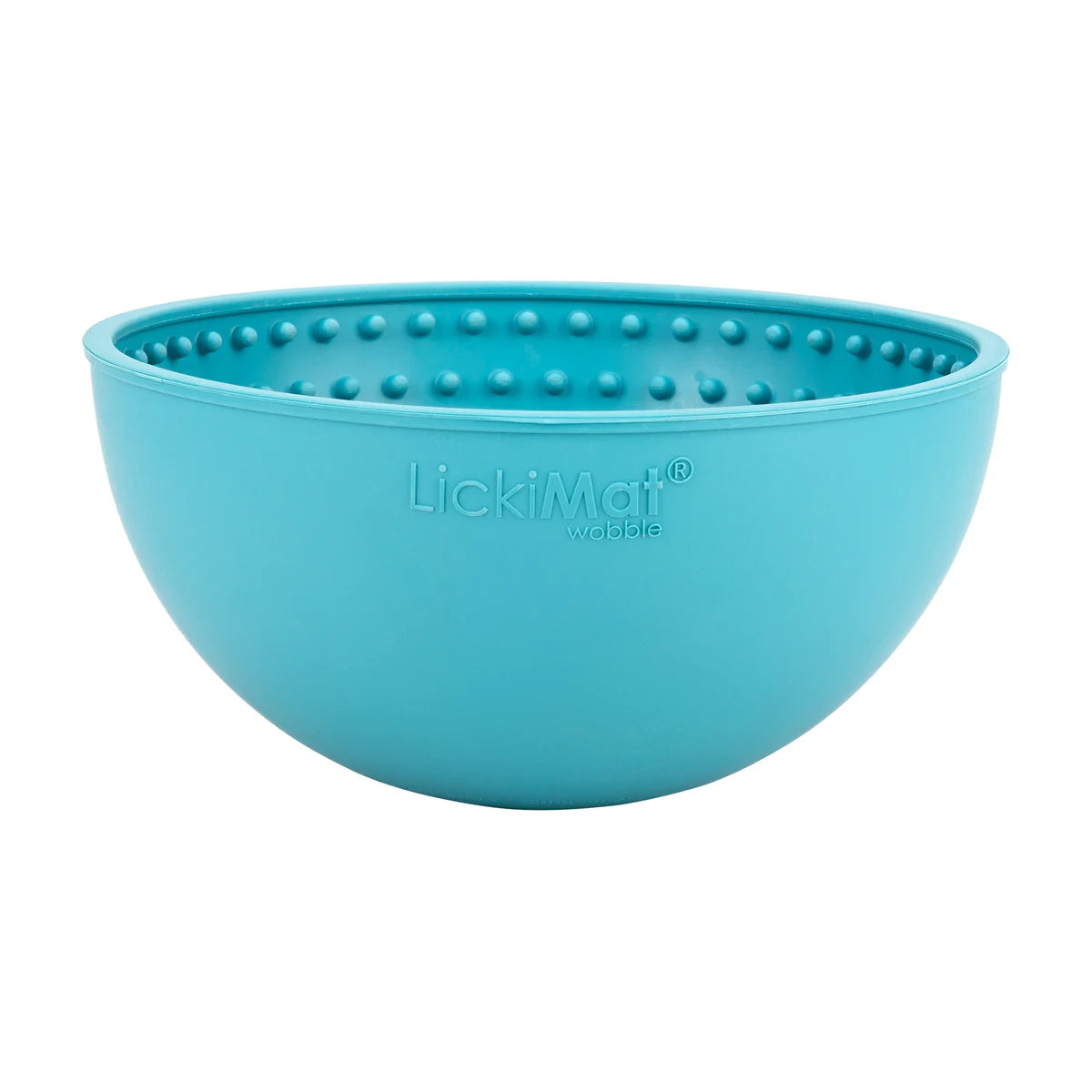 ide view of turquoise LickiMat Wobble bowl showing depth and brand name