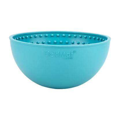 ide view of turquoise LickiMat Wobble bowl showing depth and brand name
