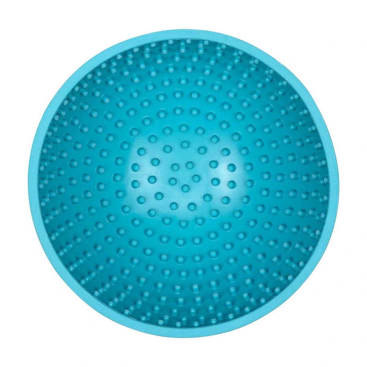 Turquoise LickiMat Wobble slow feeder bowl for dogs top view on white background