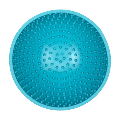 Turquoise LickiMat Wobble slow feeder bowl for dogs top view on white background