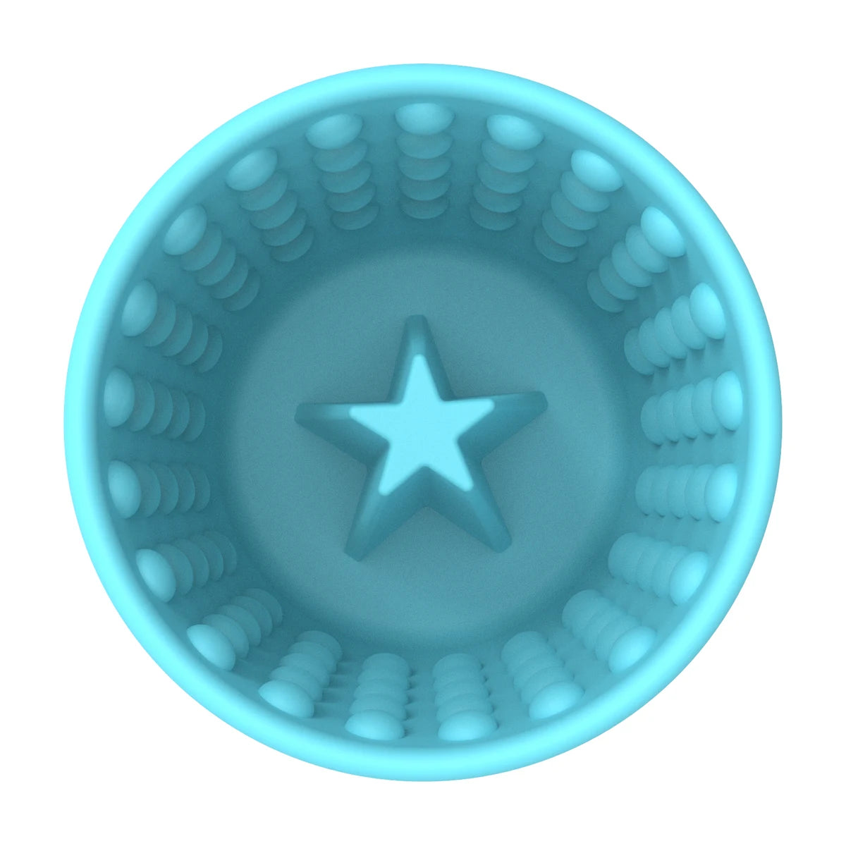 Inside top view of LickiMat Yoggie Pot in turquoise showing textured bumps and star base for slow licking.