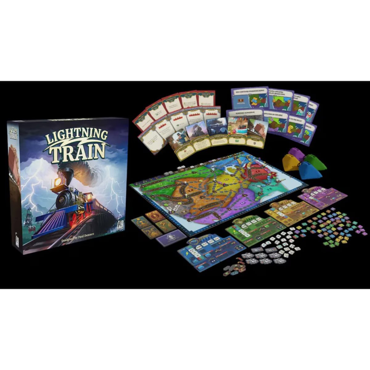 Lightning Train board game setup showing the double-sided board, player boards, bags, chips and tokens