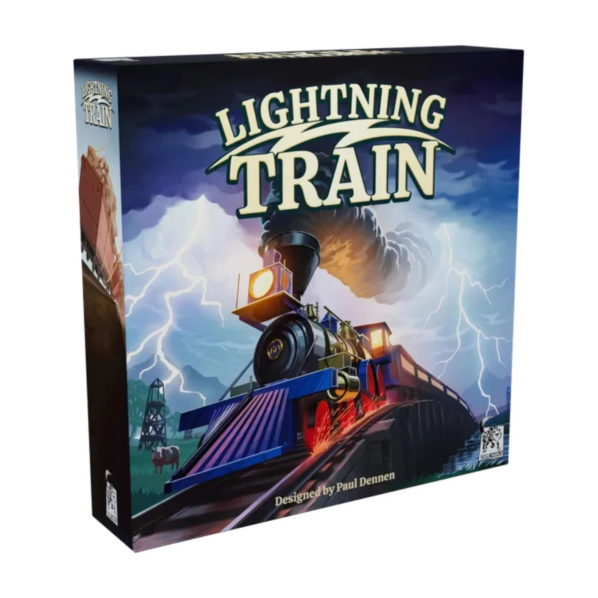 Lightning Train board game box front showing a train racing through a lightning storm