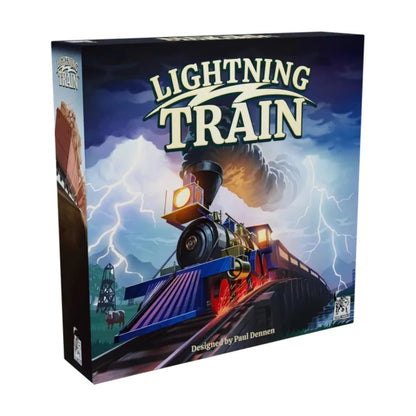 Lightning Train board game box front showing a train racing through a lightning storm