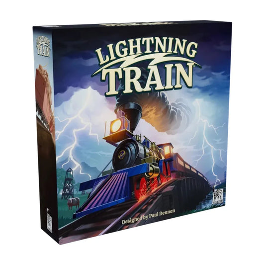 Lightning Train board game box front showing a train racing through a lightning storm