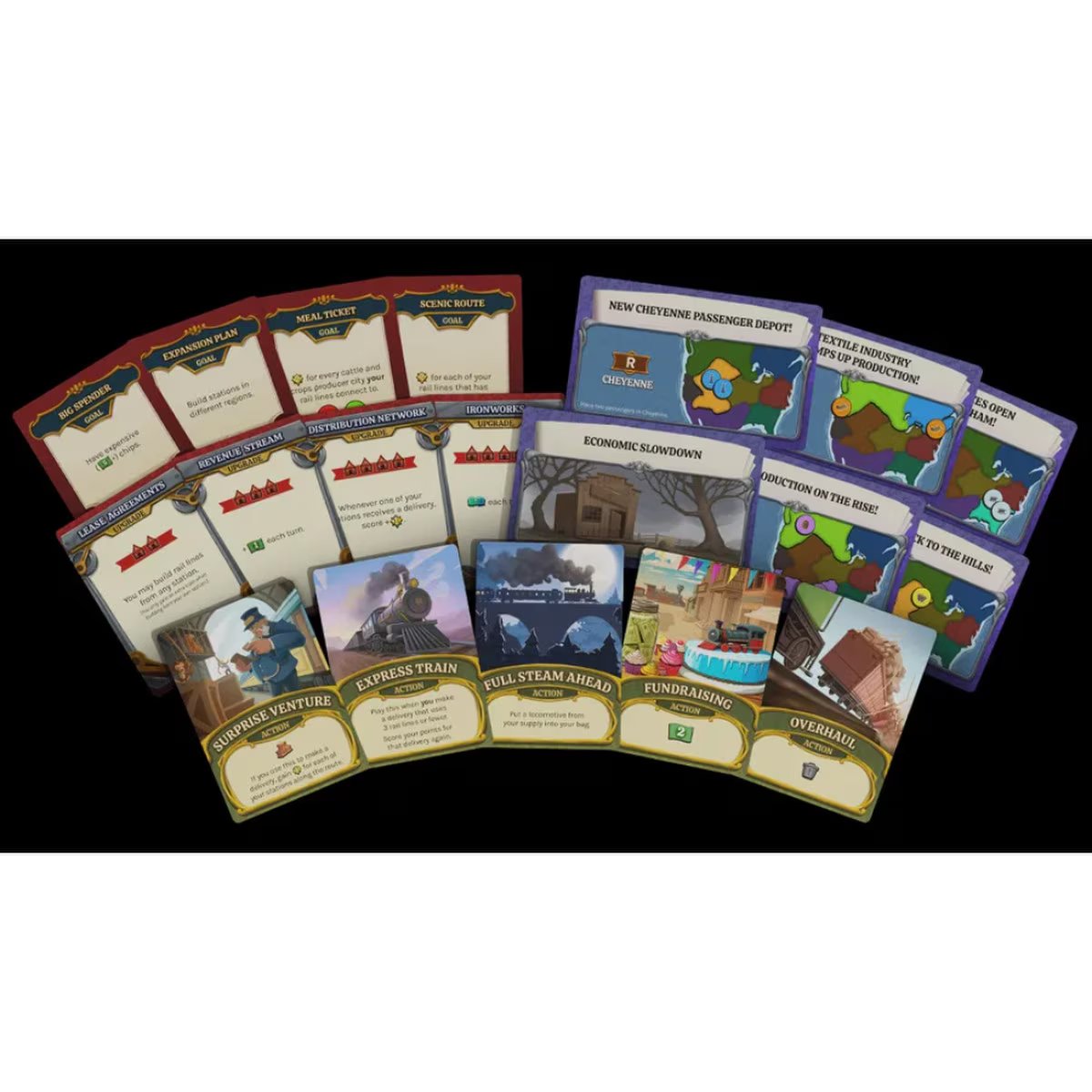 Lightning Train board game cards showing action, goal and production cards