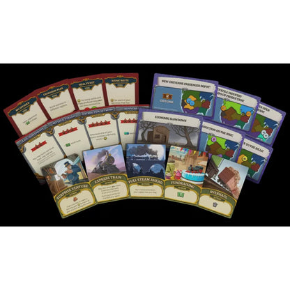 Lightning Train board game cards showing action, goal and production cards
