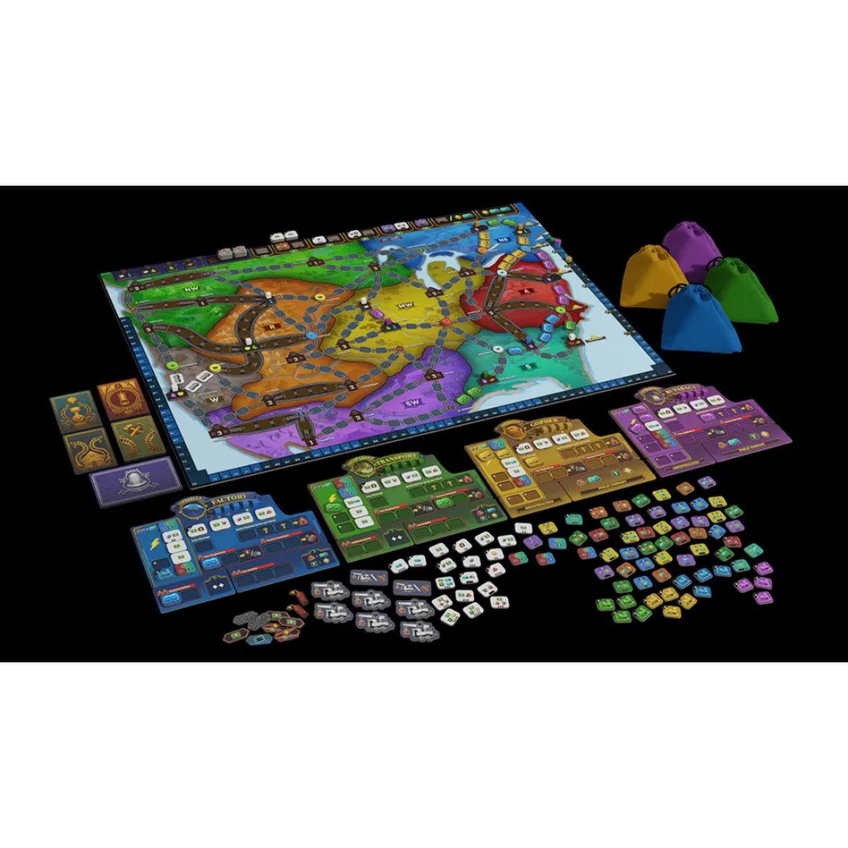 Lightning Train board game box with full game components, cards, board, tokens and player pieces
