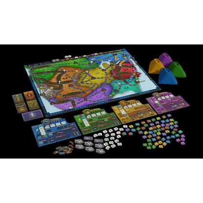 Lightning Train board game box with full game components, cards, board, tokens and player pieces