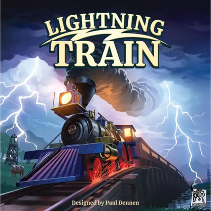 Lightning Train board game cover art with a steam train under storm clouds and lightning