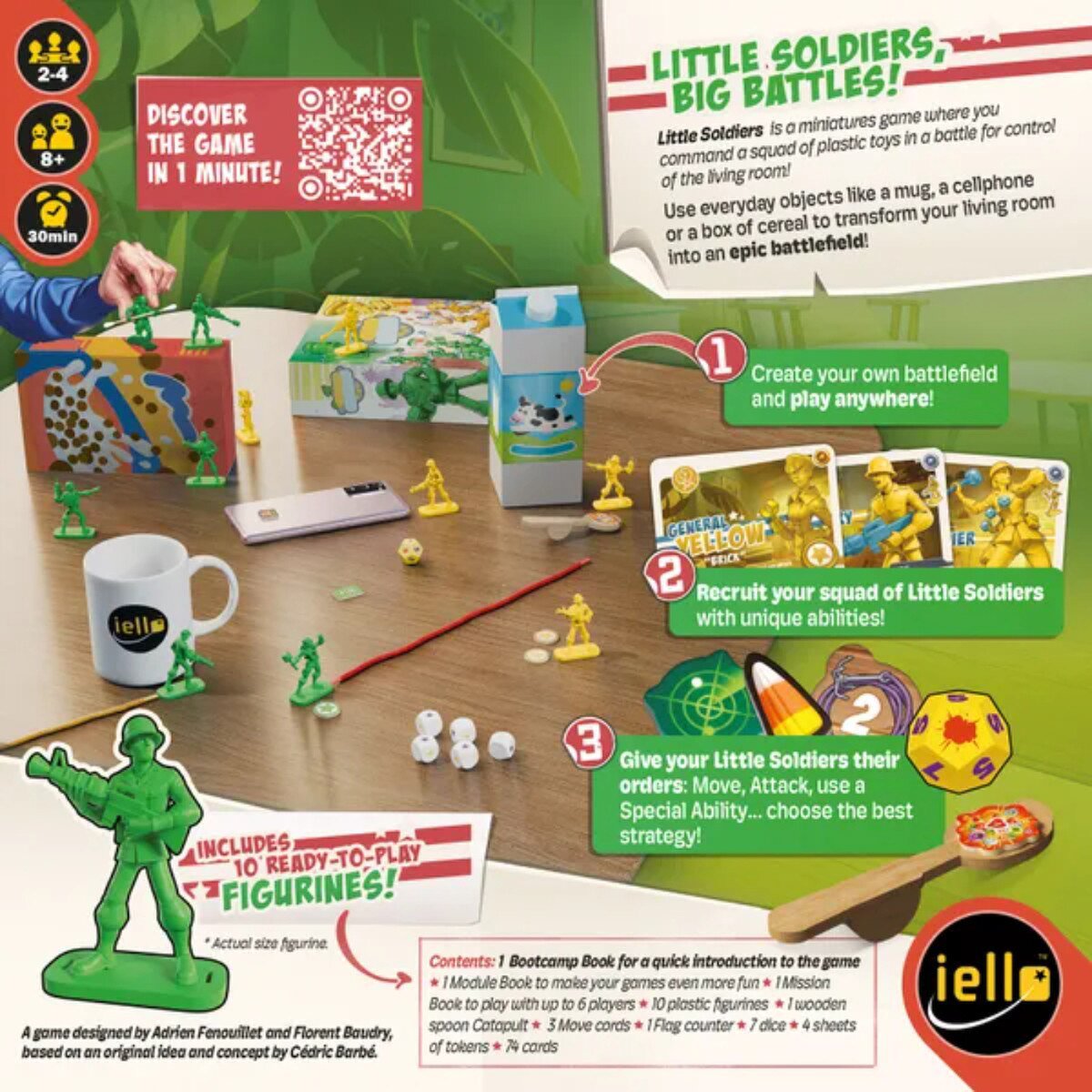 Little Soldiers back of box showing gameplay features, household object battlefield setup, dice, cards and ready-to-play figurines