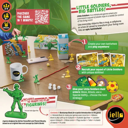 Little Soldiers back of box showing gameplay features, household object battlefield setup, dice, cards and ready-to-play figurines