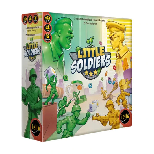 Little Soldiers miniatures battle game box front showing green and yellow toy soldiers for a family tabletop strategy game