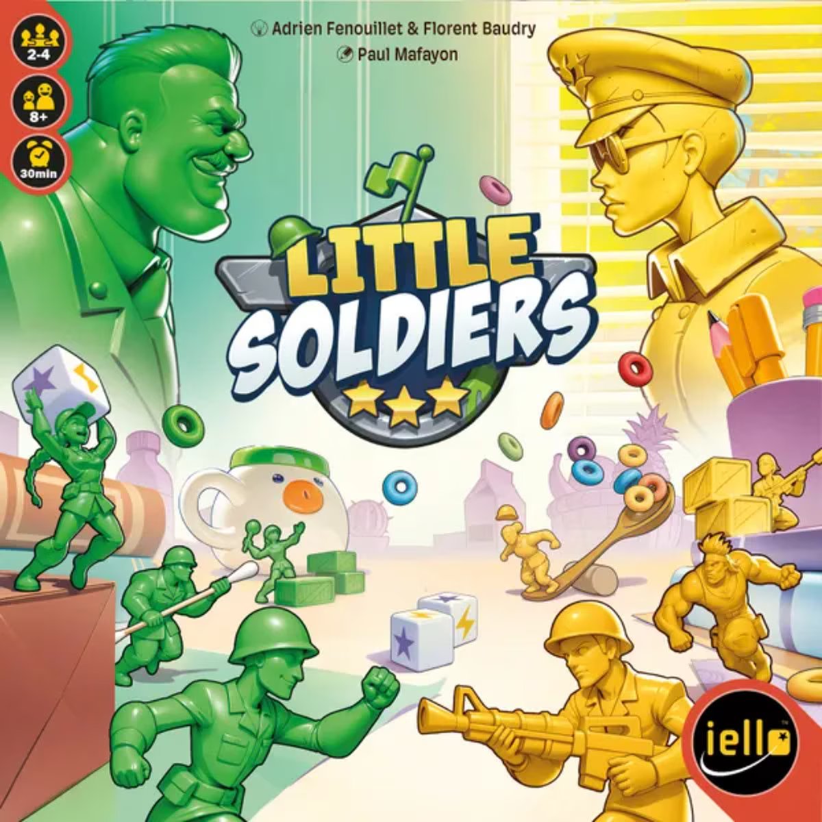 Little Soldiers tabletop toy soldier game cover art with green and yellow plastic soldiers battling across a playful room scene
