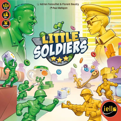 Little Soldiers tabletop toy soldier game cover art with green and yellow plastic soldiers battling across a playful room scene
