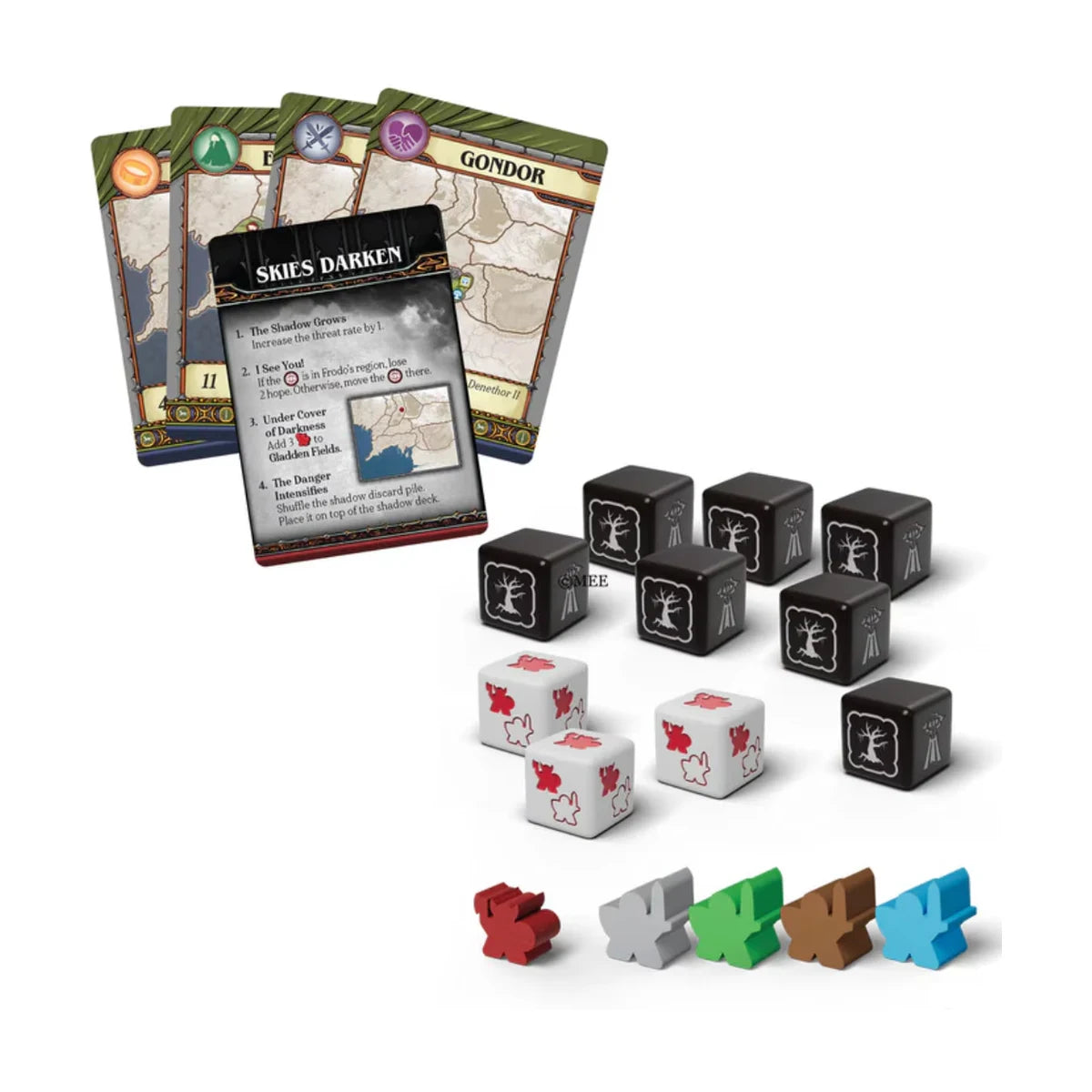 Fate of the Fellowship region cards, battle dice, search dice and troop pieces