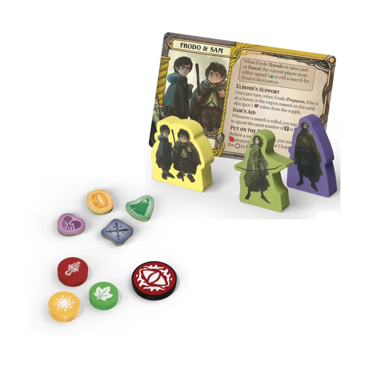 Frodo and Sam character card, hero figures and tokens from Fate of the Fellowship