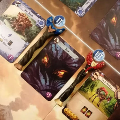 Lost Ruins of Arnak Expedition Leaders gameplay cards and player pieces