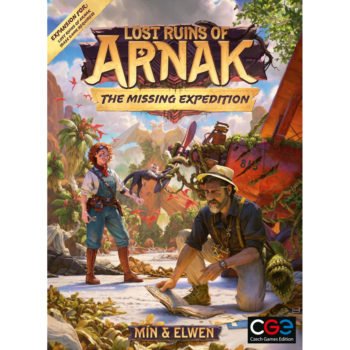Lost Ruins of Arnak The Missing Expedition expansion cover artwork with explorers and jungle ruins