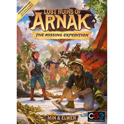 Lost Ruins of Arnak The Missing Expedition expansion cover artwork with explorers and jungle ruins