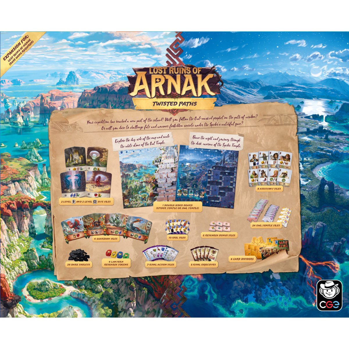 Lost Ruins of Arnak Twisted Paths expansion overview showing new temple boards guardians idols and solo content