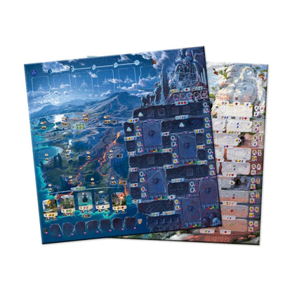 Lost Ruins of Arnak Twisted Paths expansion components with double-sided boards and temple tracks