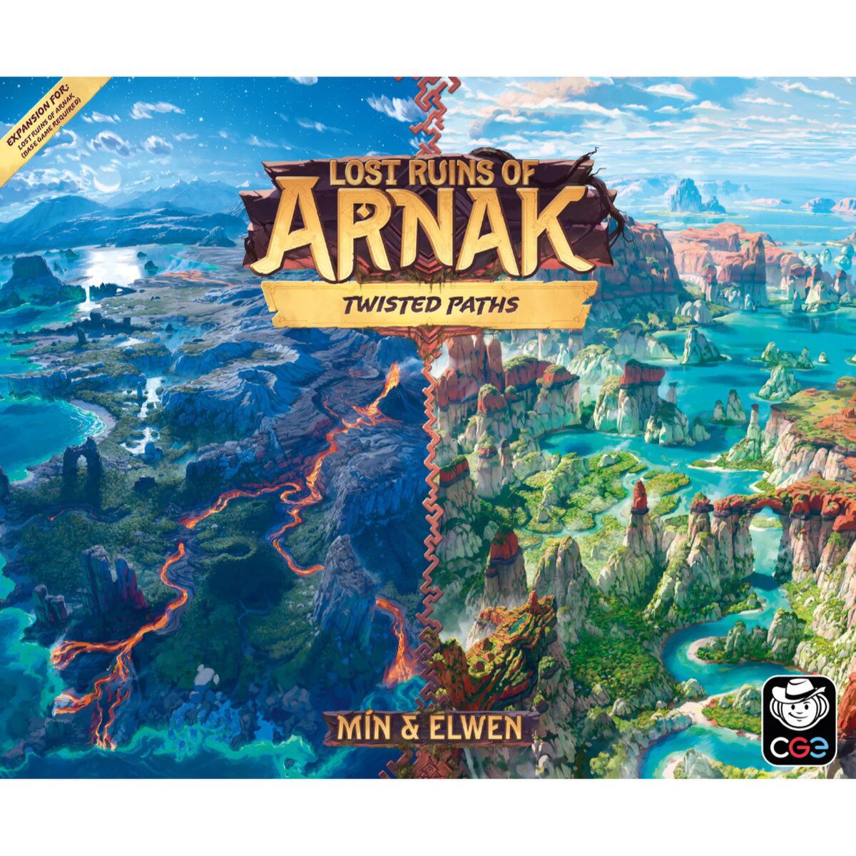 Lost Ruins of Arnak Twisted Paths expansion cover artwork with island landscapes and temple paths