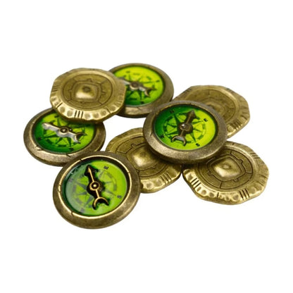 Lost Ruins of Arnak Upgraded Components coin and compass token set in antique bronze finish