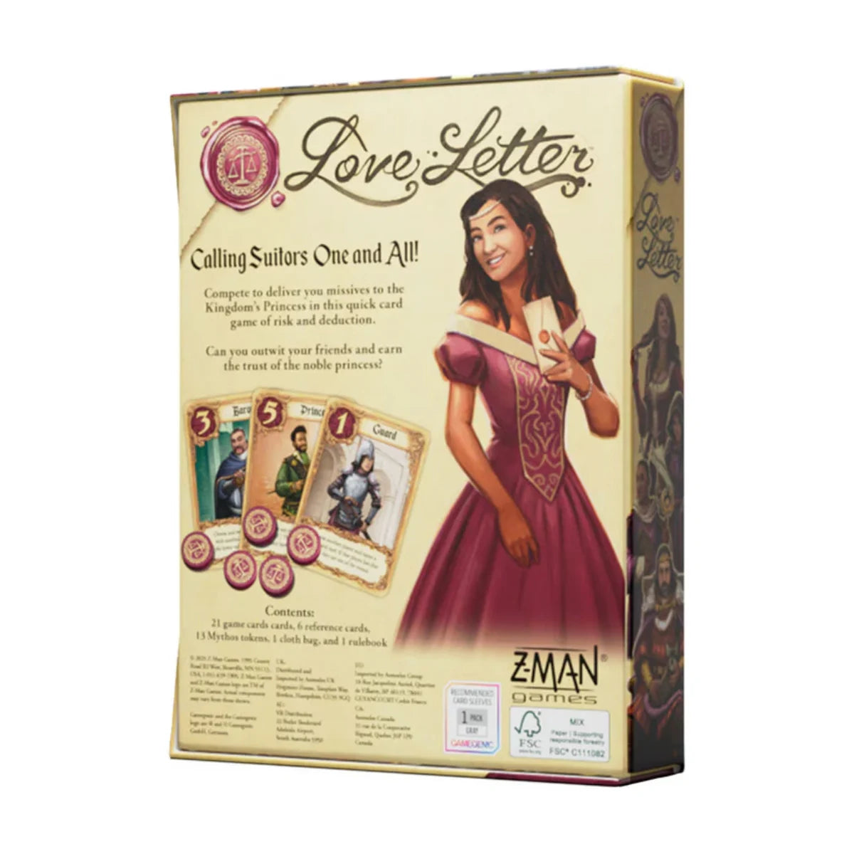 Back of Love Letter Classic card game box showing Princess artwork, character cards and game contents