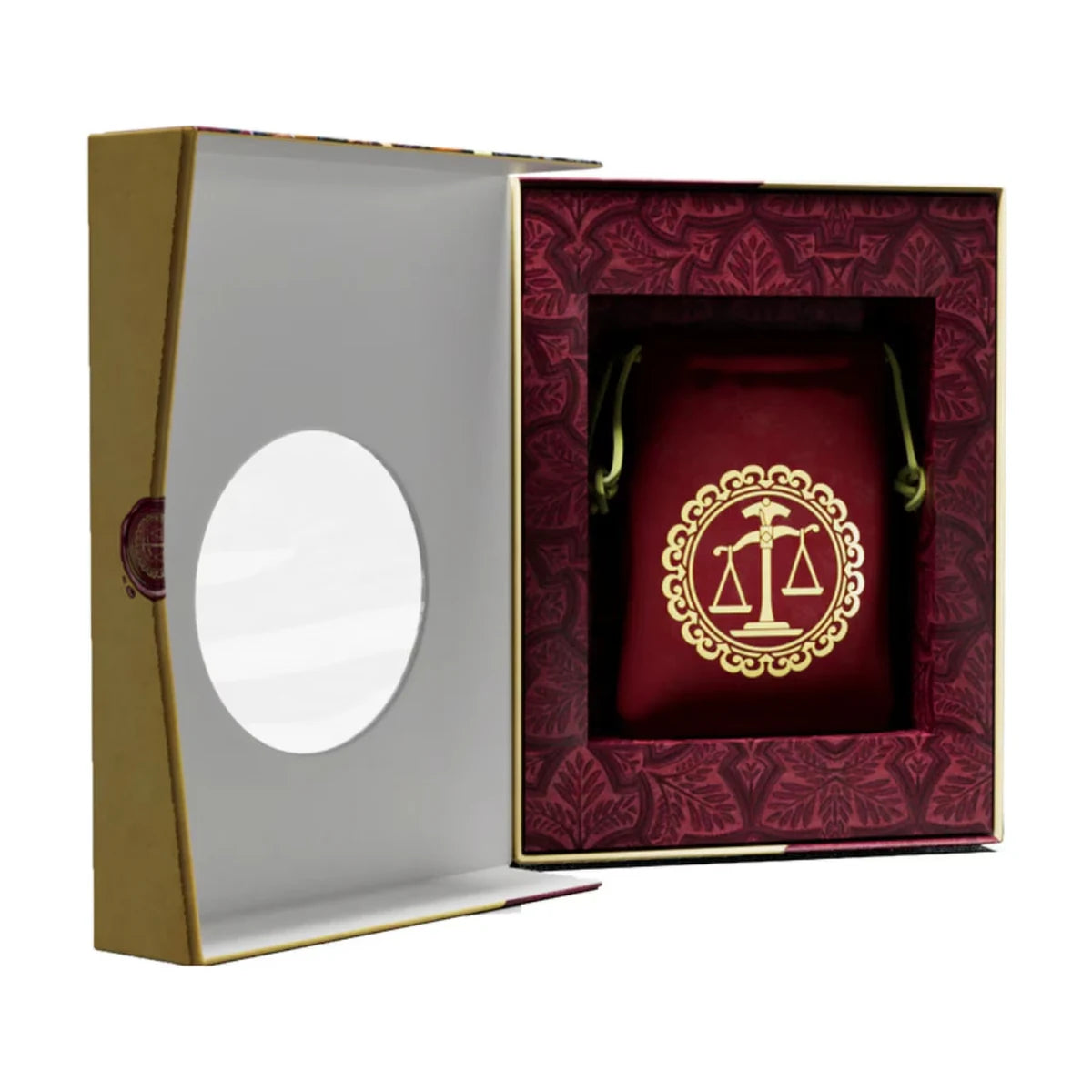 Love Letter Classic card game box interior with burgundy cloth storage bag and gold favor emblem