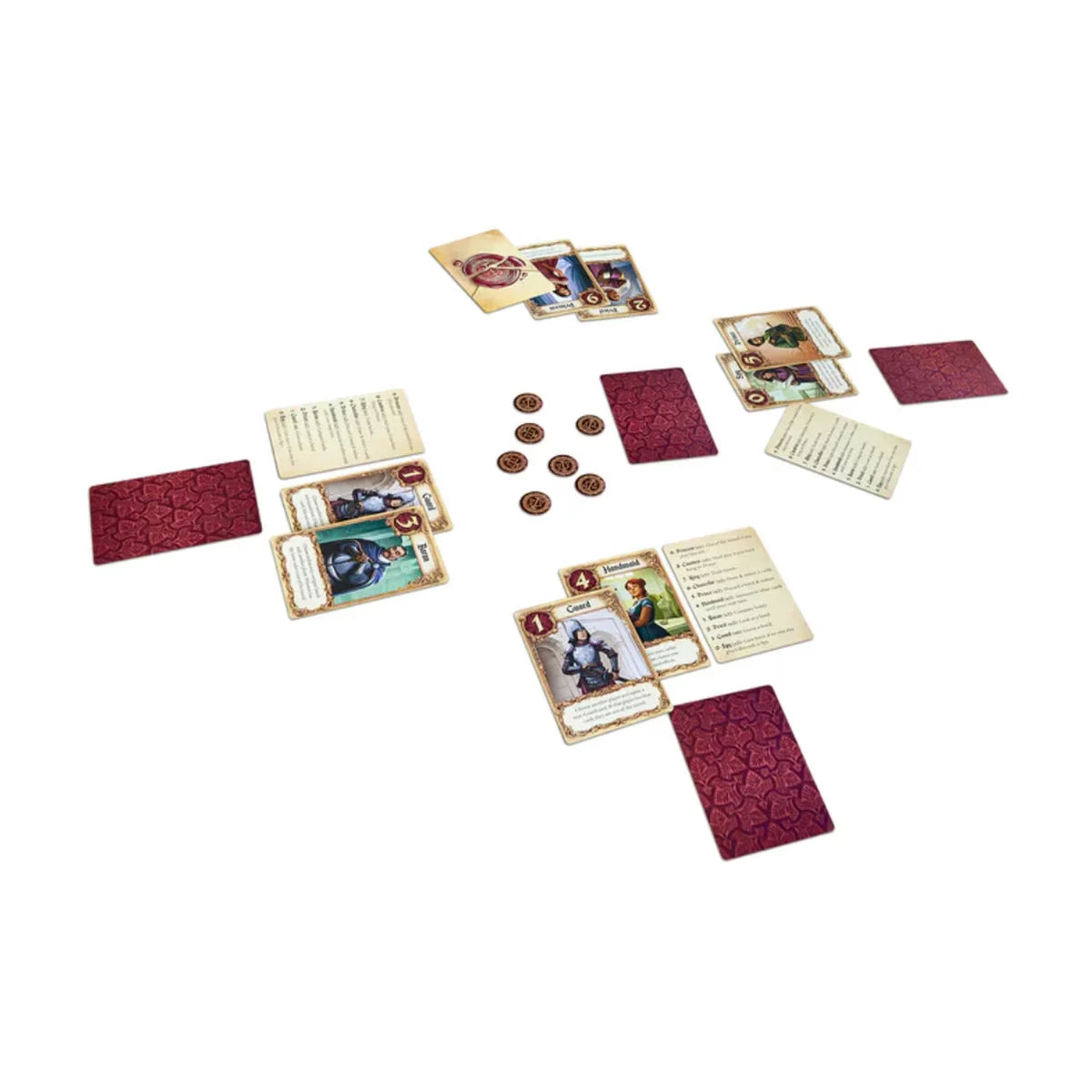 Love Letter Classic card game gameplay setup with character cards, reference cards and favor tokens