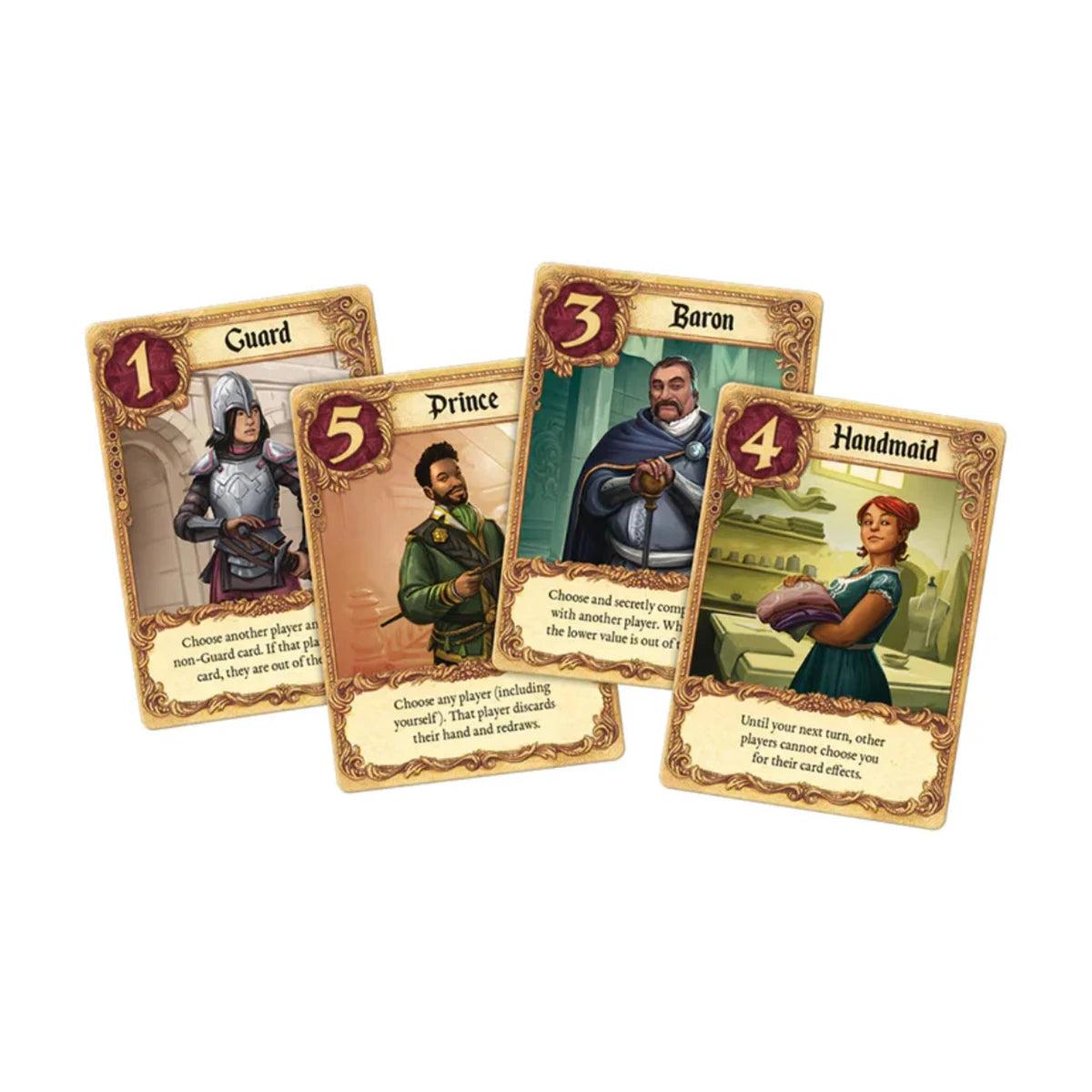 Love Letter Classic character cards showing Guard, Prince, Baron and Handmaid abilities