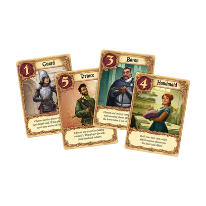 Love Letter Classic character cards showing Guard, Prince, Baron and Handmaid abilities