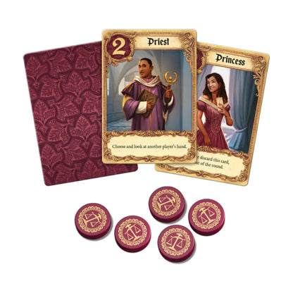 Love Letter Classic card game Priest and Princess character cards with screenprinted favor tokens