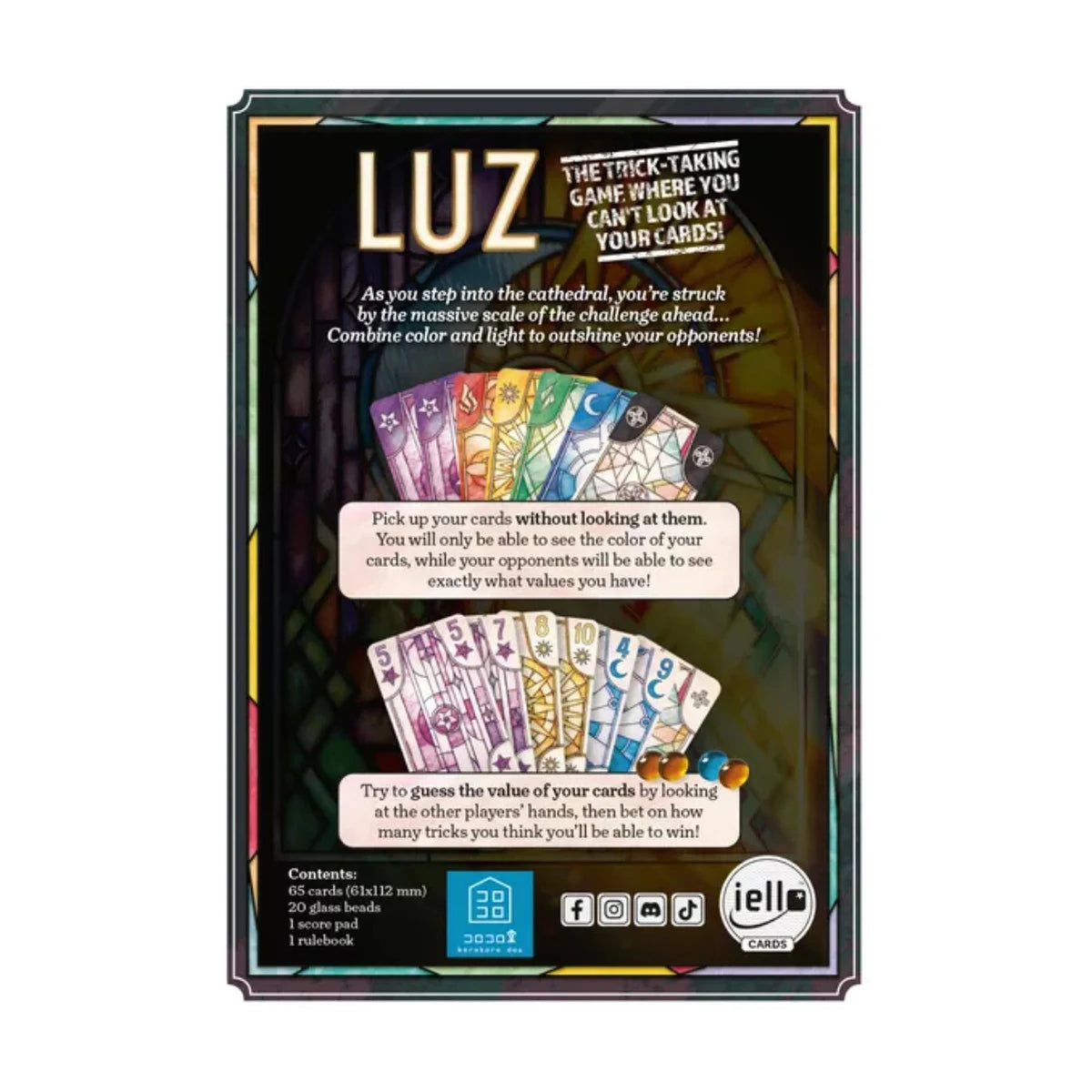 Back of LUZ card game box explaining hidden card values, betting and trick-taking gameplay