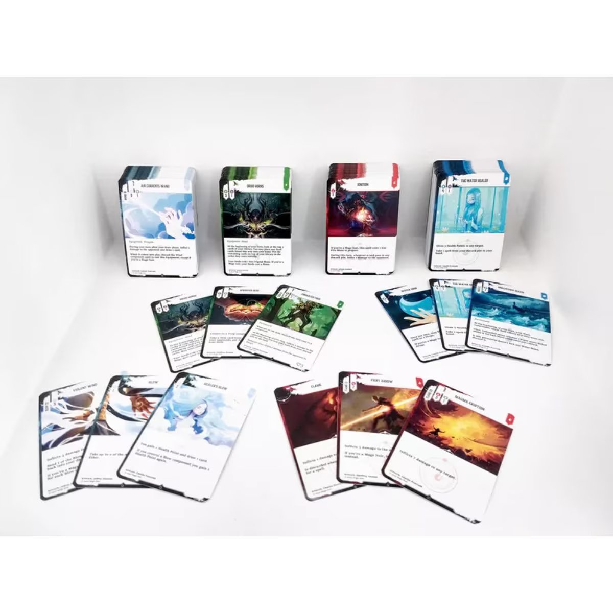 Mage Noir card game components showing elemental spell decks and strategy cards